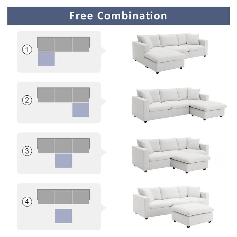Modern 4-Seat L-Shaped Sectional Sofa, with 2 Free pillows, Convertible Ottoman