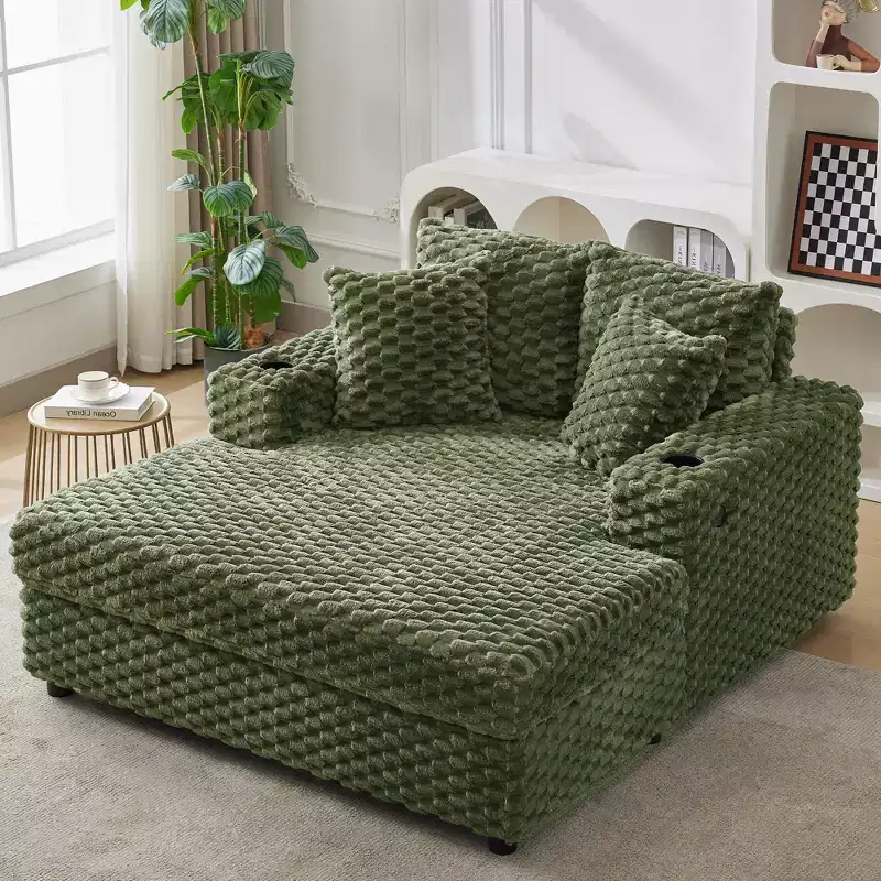 60 Oversized Indoor Chaise Lounge w/ Armrests & Throw Pillows, Upholstered Sleeper Chair Sofa Bed, Cozy Reading Couch for Living Room & Home