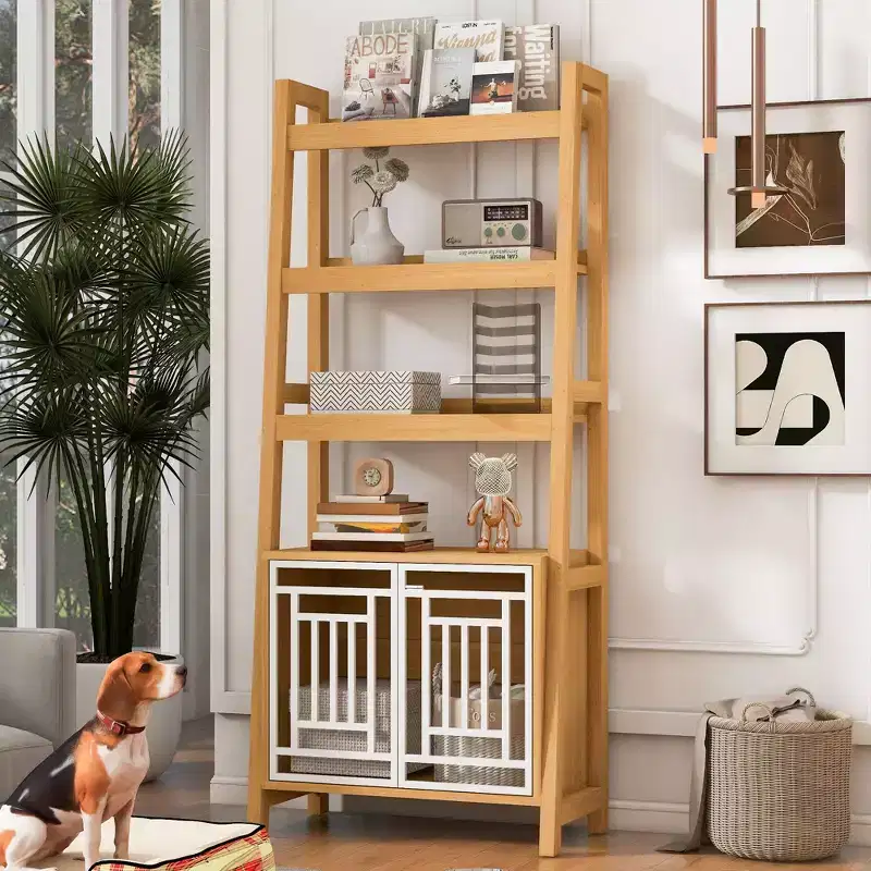 Modern 2 In 1 Bookshelf, Multifunctional Ladder Bookshelves with Dog Crate, Tall Display Case for Living Room, Study Room, Ancient Oak