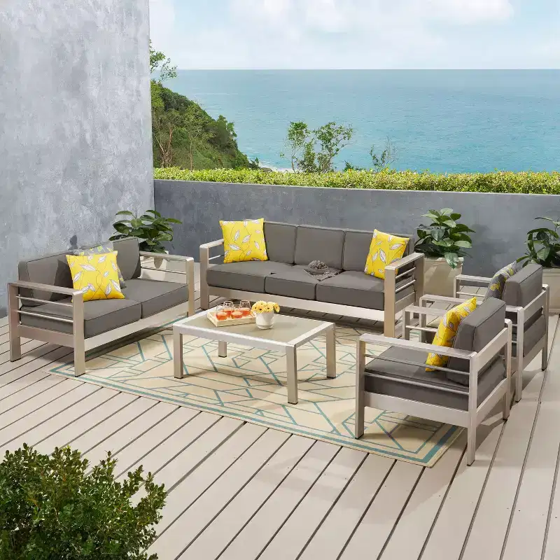 GDFStudio Crested Bay Outdoor Aluminum 7 Seater Chat Set with Cushions, Silver/Khaki