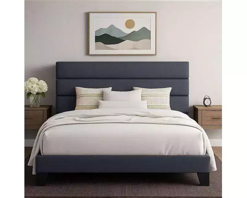 Bed Frame with Upholstered Headboard, Wooden Slats Support, Dark Grey Mattress Foundation