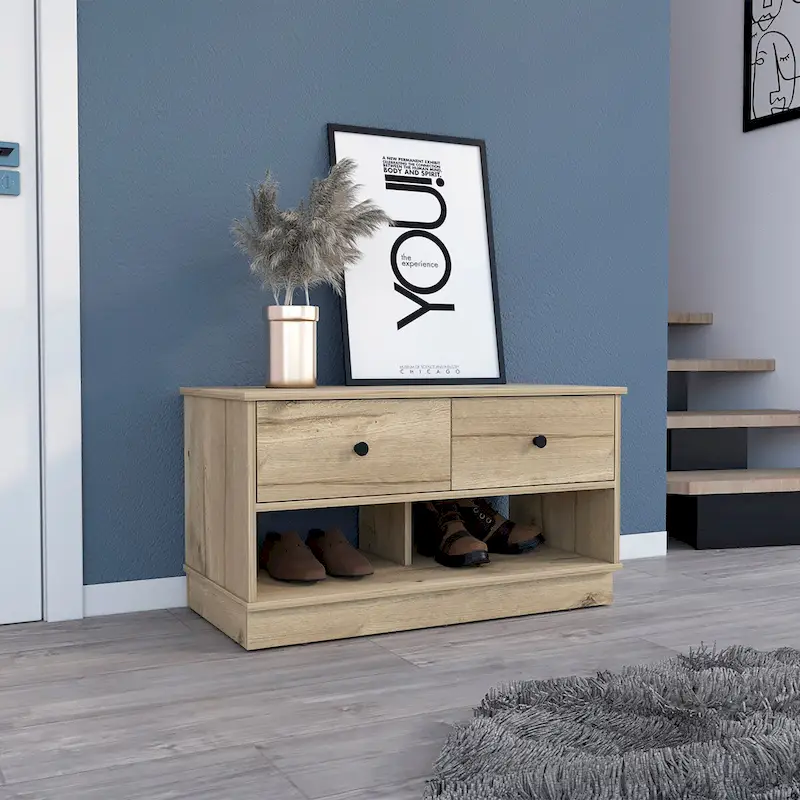 Storage Bench Beji, Lower Shelf, Two Drawers, Light Oak Finish,High quality and durable