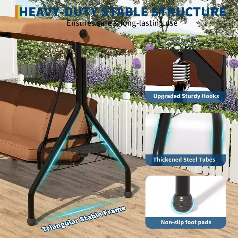 3 Seat Outdoor Porch Swing, 2-in-1 Patio Swing Chair, Thickened Removable Cushions, Adjustable Canopy, Weather Resistant Steel Frame