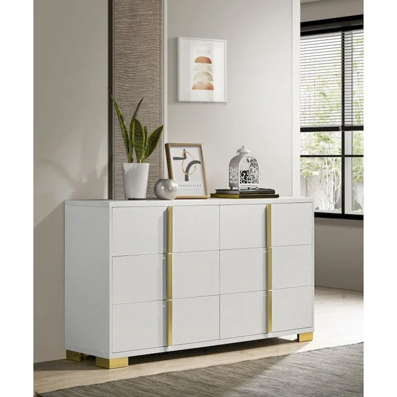 6-Drawer Wooden Dresser – Black & Gold / White & Gold, Metal Bar Pulls, Single