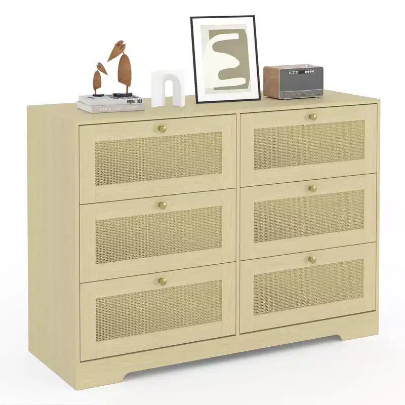 Modern 6-Drawer Rattan Dresser in Natural Oak, Wooden Closet Storage OrganizerBoho Design and Wood Handles