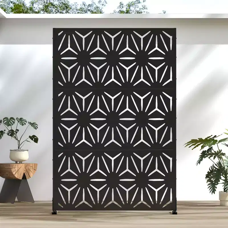 Star shaped black galvanized sheet screen 71.37x46.8inch independent outdoor indoor privacy screen, balcony terrace garden decoration privacy screen
