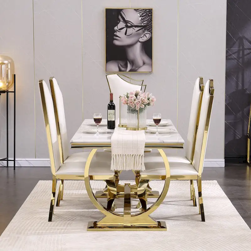 Modern Dining Room Table with Stainless Steel Metal U-Base