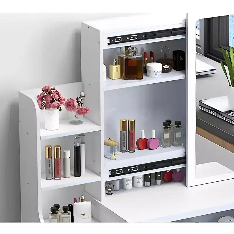 Modern White Vanity Desk with Large Mirror, 4 Drawers & Chair