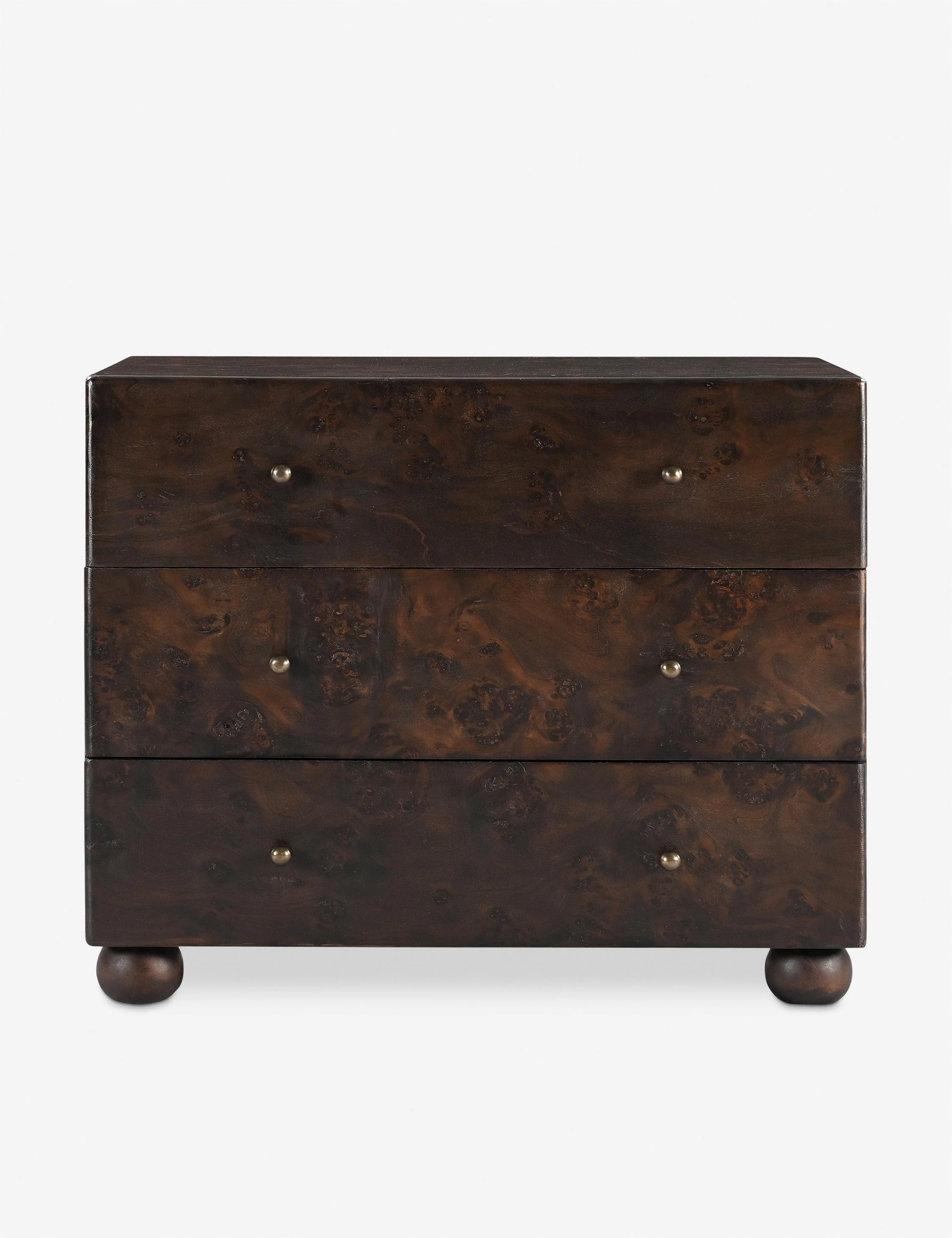 Nightstand Bring a timeless finish to your bedroom edit. The nightstand sits on bun feet with a solid bearing, clad in burl and brass for that