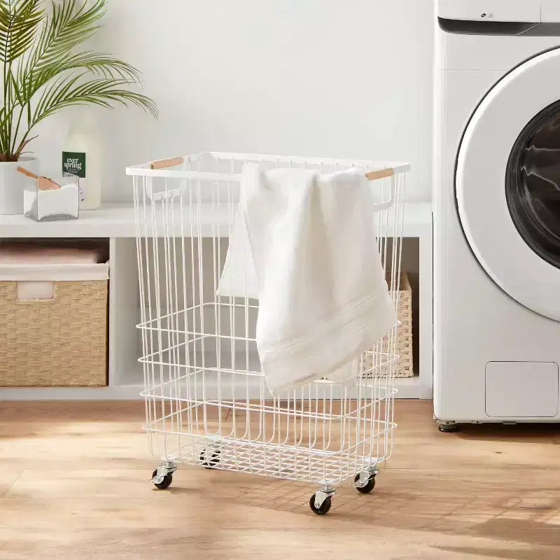 Wire Rolling Laundry Hamper – Rust-Resistant Iron, 4 Wheels, Wood-Finish Handles