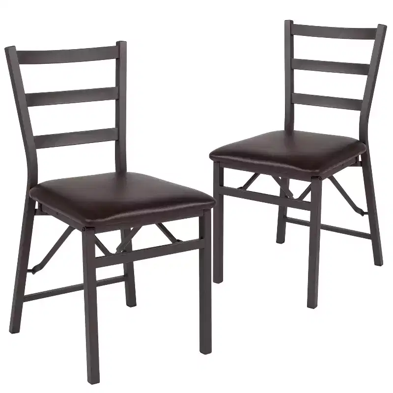 2 Pack Series Brown Folding Ladder Back Metal Chair with Brown Vinyl Seat