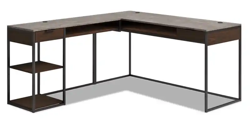 65.98 L-Shaped Office Desk with 2-Drawers, Cubbyholes & Shelves - Umber Wood
