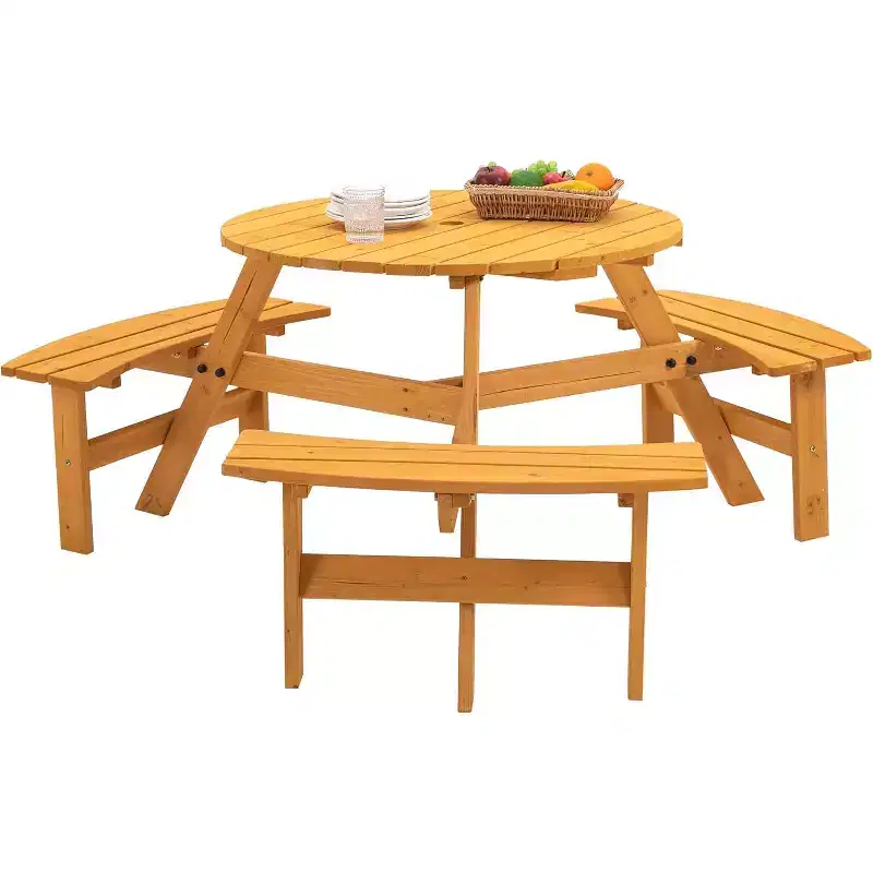Round Wooden Picnic Table, 6 Person Outdoor Picnic Table with Benches, Umbrella Hole, 1720Lb Capacity, Outdoor
