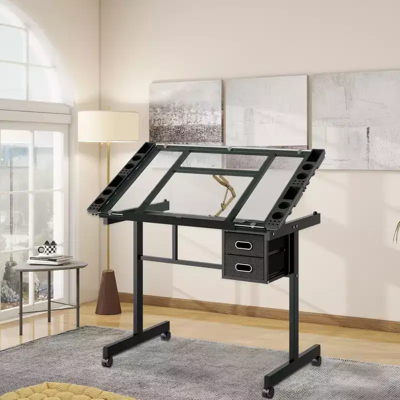 GDFStudio Magdalena Modern Metal Adjustable Drafting Desk with Tempered Glass, 2 Fabric Drawers and 4 Wheels