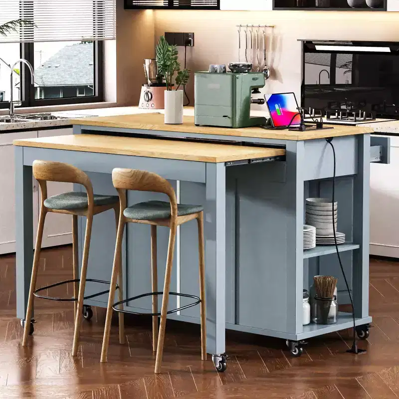 Whisen 47 Kitchen Island with Extendable Dining Table, Rubber Wood Veneer Kitchen Table with Storage Rack and Power Outlet
