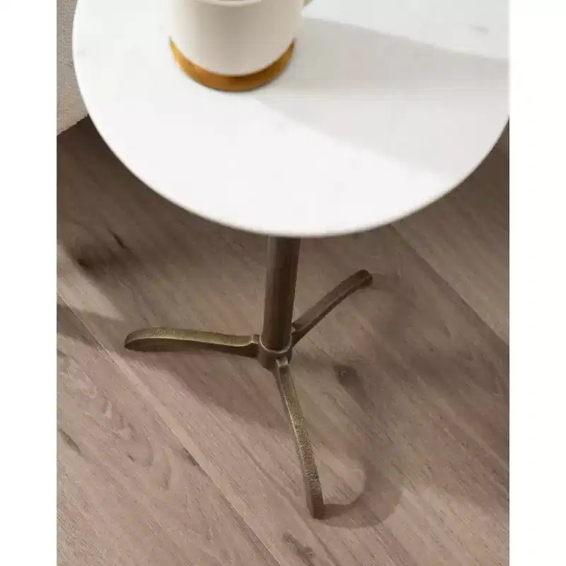 Marble and Metal Round Side Table, White and Bronze, 12x12x24