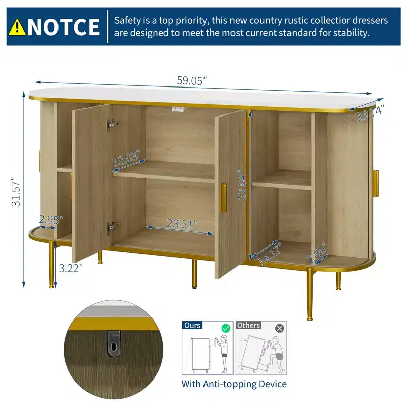 59-Inch Fluted Sideboard Buffet Cabinet with Metal Legs
