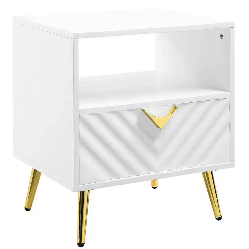 Gaines 20 Accent Tables White High Gloss - Acme Furniture: Mid-century Design, Gold Metal Legs, Storage Shelf