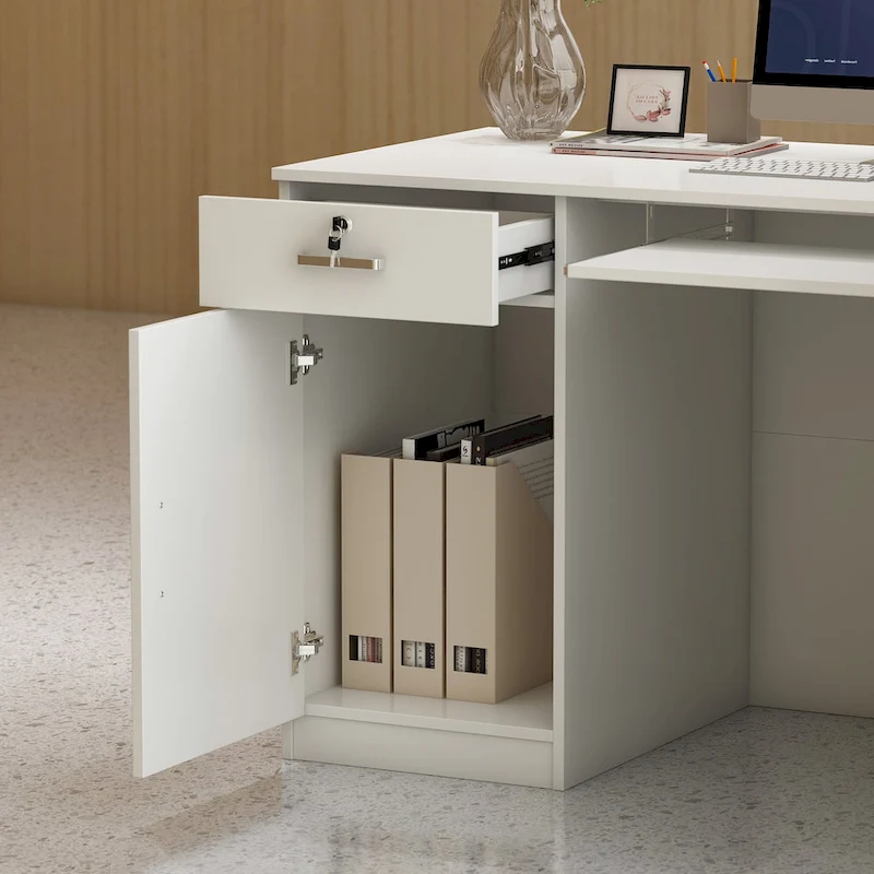 Timechee 55.1W LShape Wood Reception Desk Computer Desk Keyboard Tray