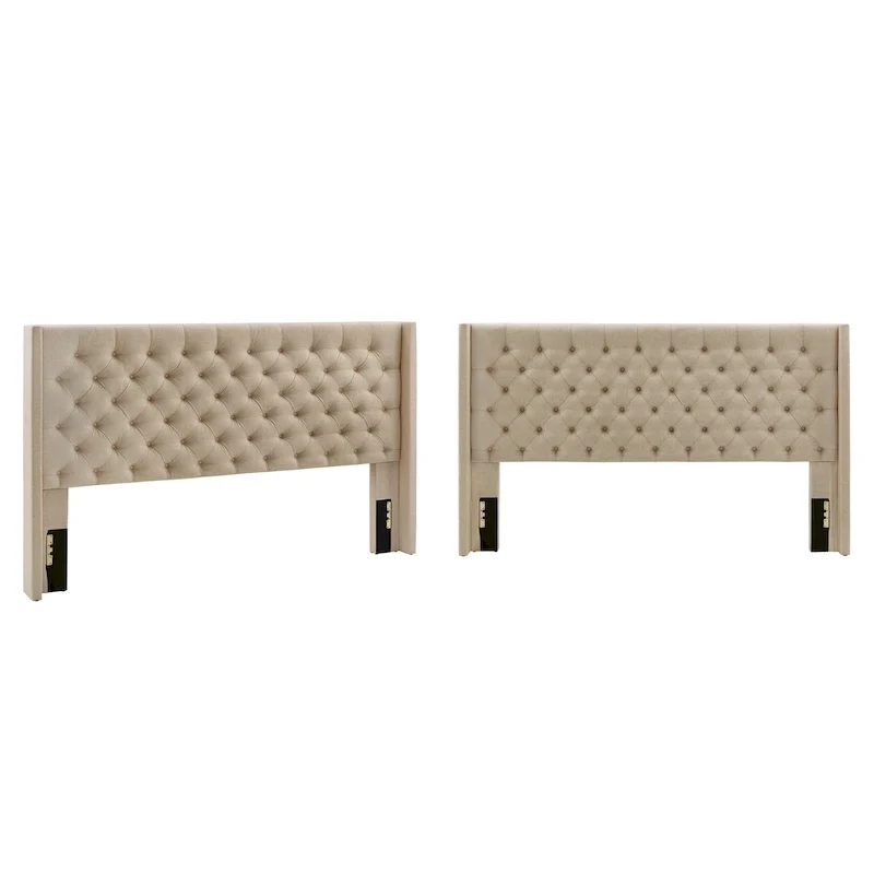 King Wingback Button Tufted Linen Fabric Headboard