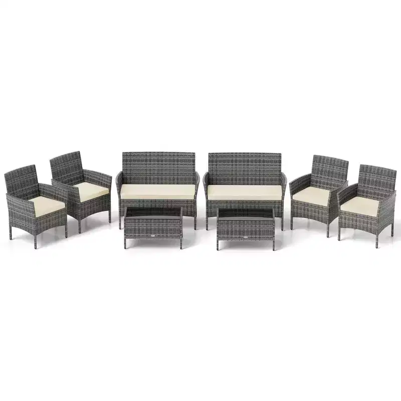 Costway 8 PCS Patio Furniture Set with Washable Cushions and Tempered Glass Coffee Table