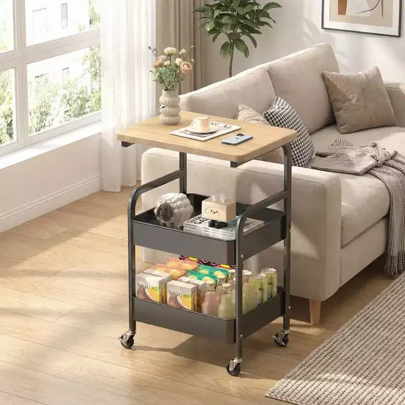 3-Tier Utility Cart with Walnut Wood Tabletop, Rolling Multi-Purpose Organizer for Snacks, Coffee and Makeup, Metal Frame with Lockable Wheels