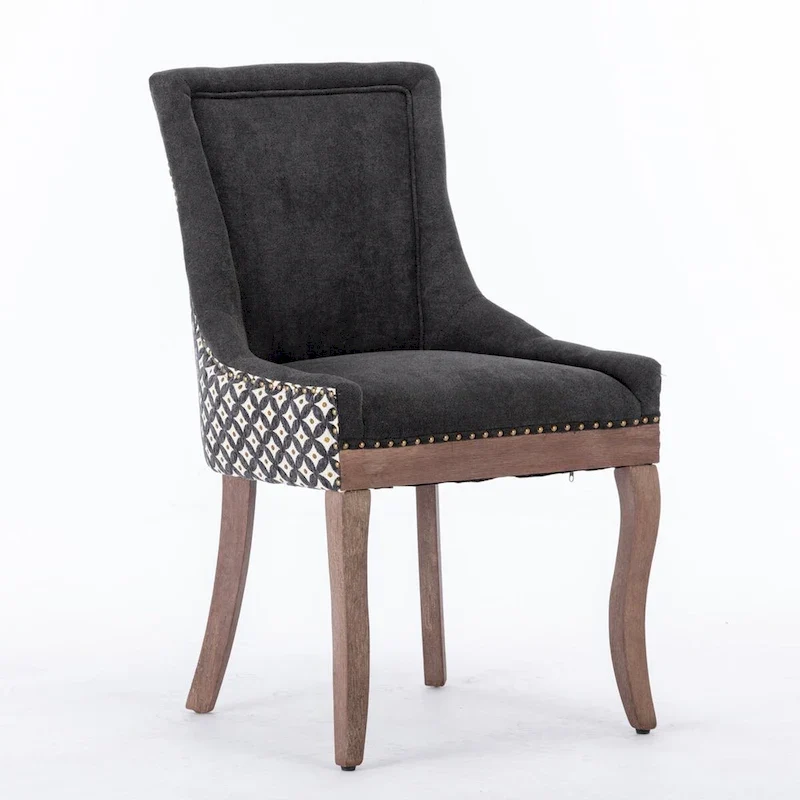 Ultra Side Dining Chair, Thickened fabric chairs with neutrally toned solid wood legs, Bronze nail head, Set of 2