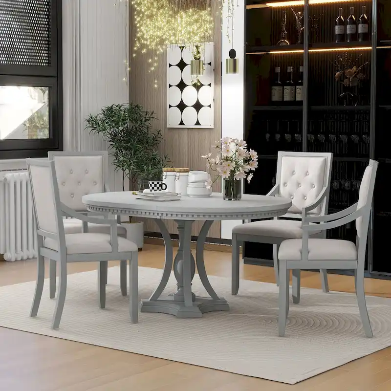 Antique Gray Retro 5-Piece Wooden Dining Table Set with Extendable Round Table & 4 Chairs