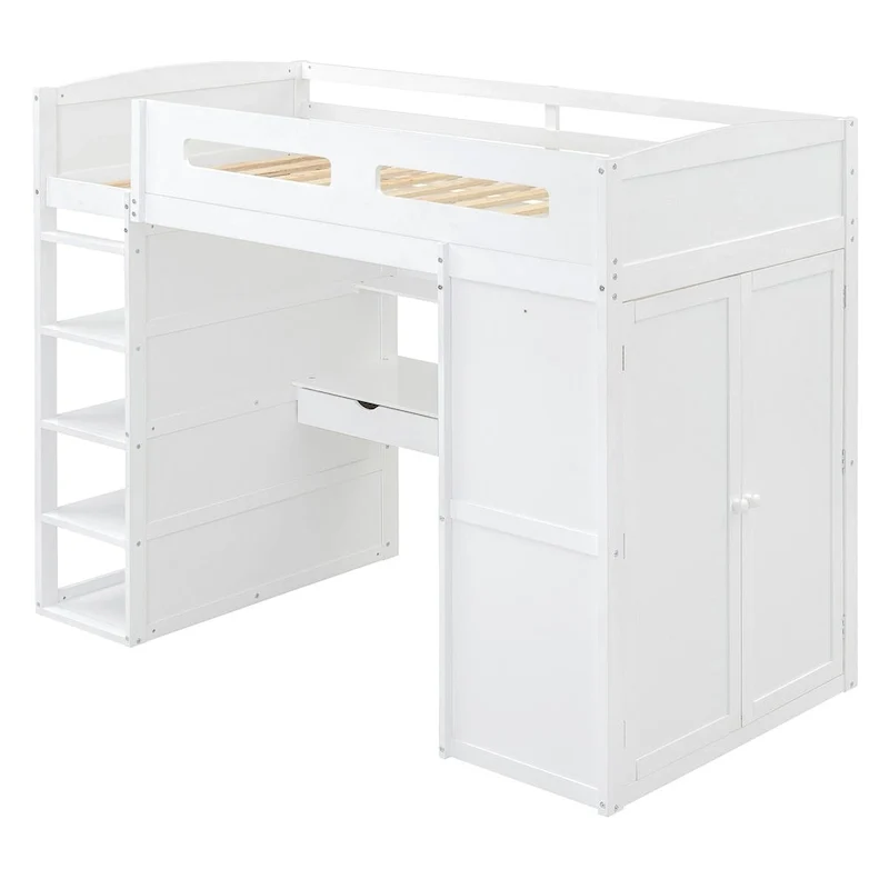Loft Bed with Desk, Wardrobes, 4 Drawers and 4 Shelves