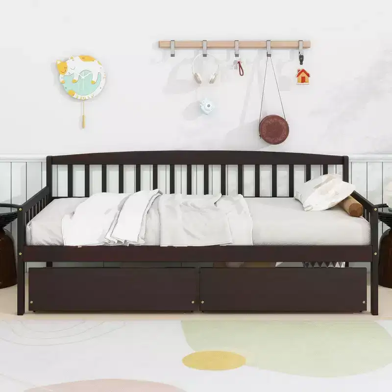 Twin Pine Wood Daybed with 2 Storage Drawers & 10 Support Slats, Brown