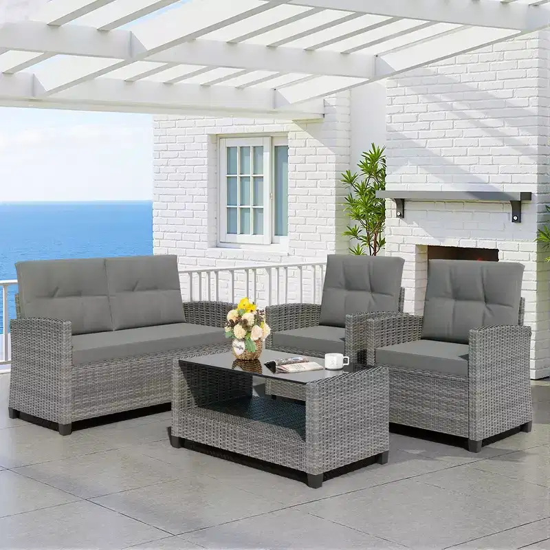 Celebalcony 4 Piece Wicker Complete Patio Set With Cushions