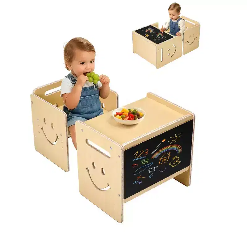 3-in-1 Montessori Kids Table and Chair Set with Chalkboard Adjustable Height Natural