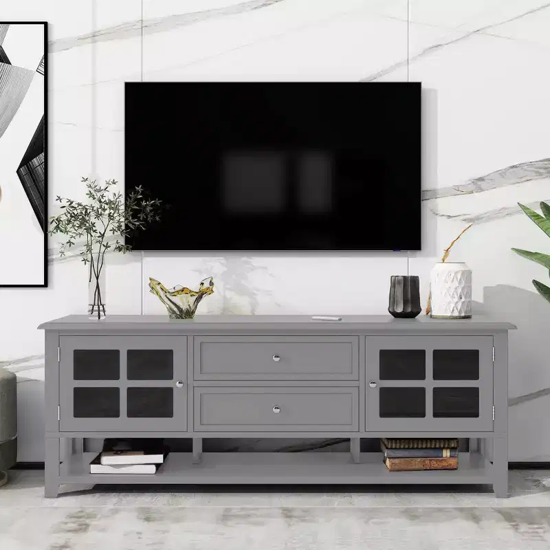 59 Inch Gray TV Stand for TVs up to 60 Inches with Multifunctional Storage Space Media Console for Living Room Bedroom