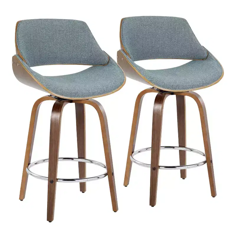 Counter Height Barstools Walnut/Blue Upholstered Swivel, Kitchen-Compatible