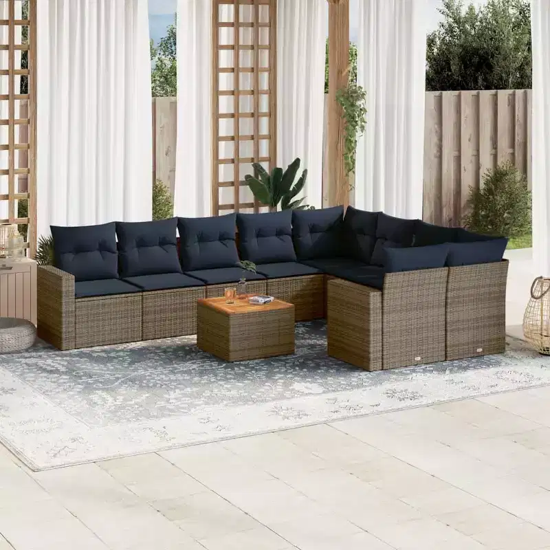 vidaXL 10 Piece Patio Sofa Set with Cushions Gray Poly Rattan - Gray 5x middle + Table + 2x corner
