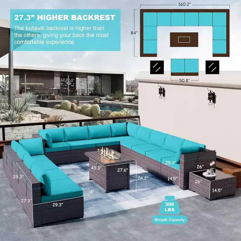 ALAULM 15PCS Patio Furniture Sets, Wicker Rattan Outdoor Conversation Set w/Fire Pit Table