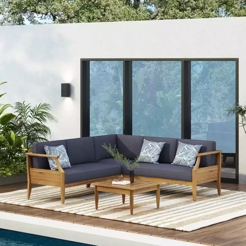 Christopher Knight Home Bianca Outdoor Acacia Wood 5 Seater Sectional Chat Set with Cushions, Teak/Dark Gray