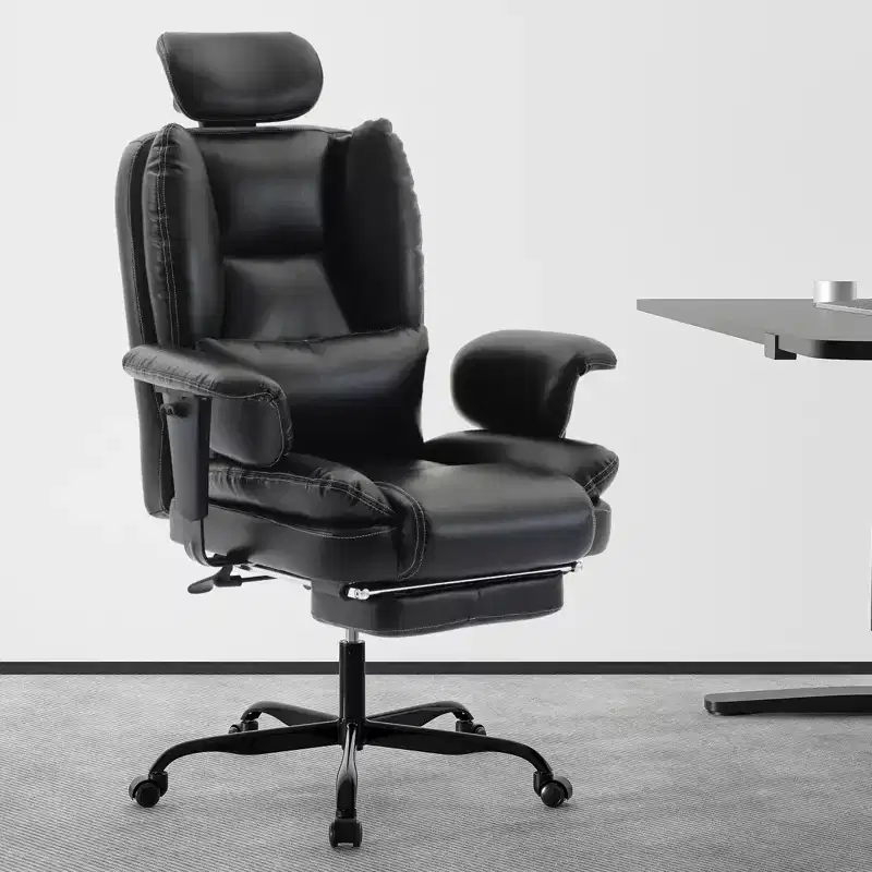 Ergonomic Office Chair 200 kg PU Leather with Adjustable Headrest, Lumbar Support and High Backrest - Black