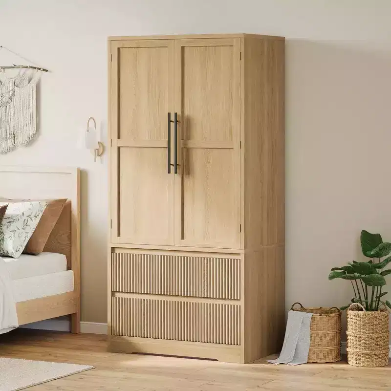 Bedroom Wooden Armoire Wardrobe Closet, Wardrobe Armoire Cabinet with 2 Drawers, Freestanding Armoire with Shelves & Hanging Rod