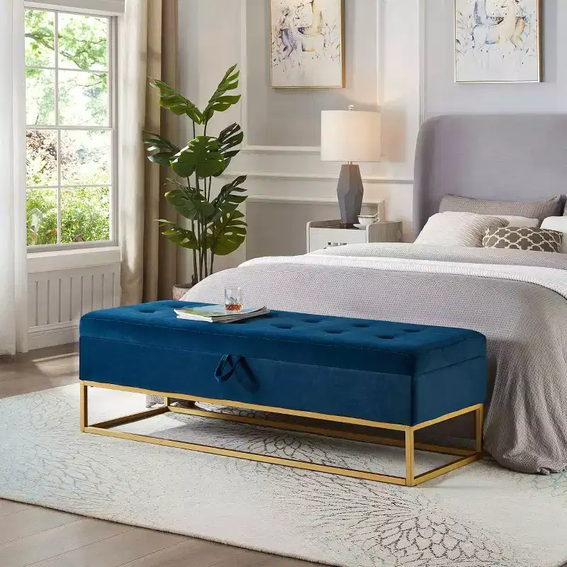 MAYEERTY 58.6 Storage Bed Bench, Uphollstered Bench with Metal Base for Bedroom Living Room Hallway Blue