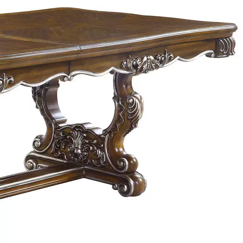 114" Latisha Dining Table Antique Oak Finish - Acme Furniture: Silver Trim, Floral Leg Detail, Resin Base
