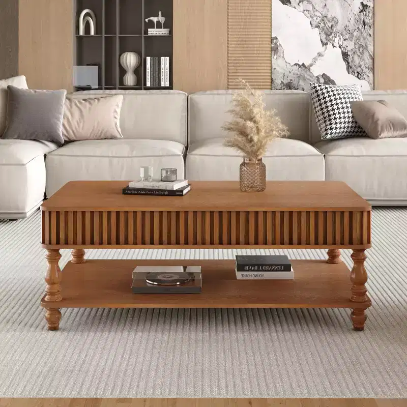 47.24 Vintage Brown Lift Top Coffee Table, Tool-Free Assembly Solid Wood with Fluted Details & Solid Roman Legs, Classic Lift-Top Desk