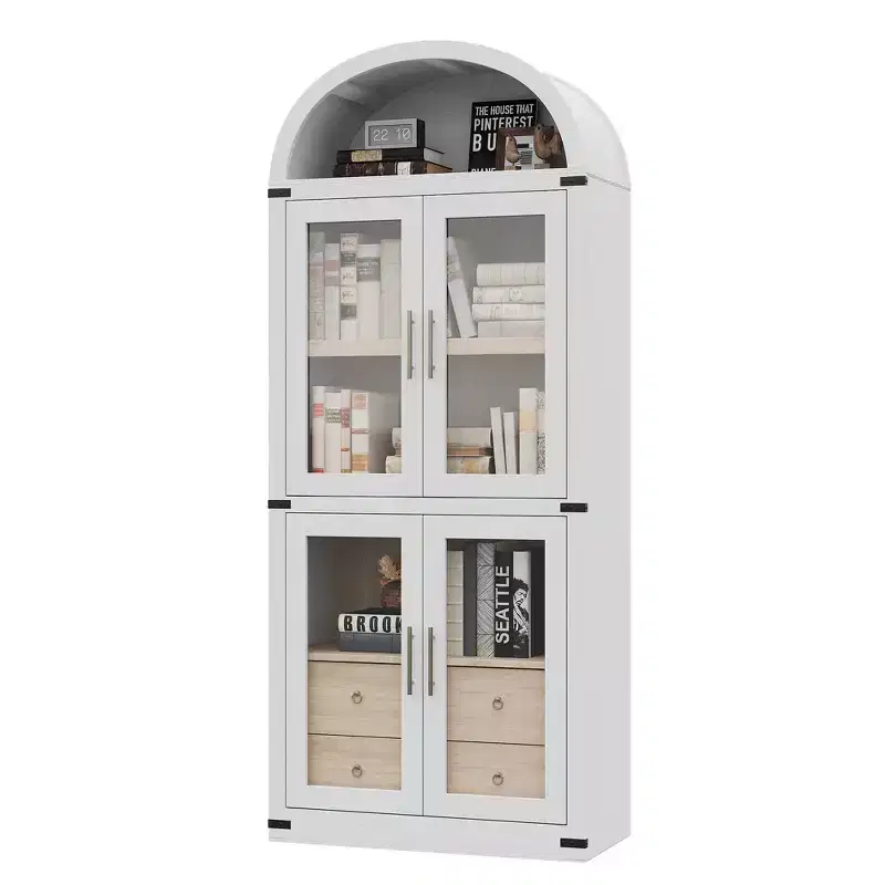 CuisinSmart 72in Tall Arched Bookcase, Glass Door Arched Cabinet with 2 Drawers, Freestanding Display Storage Cabinet for Living Room, Bedroom