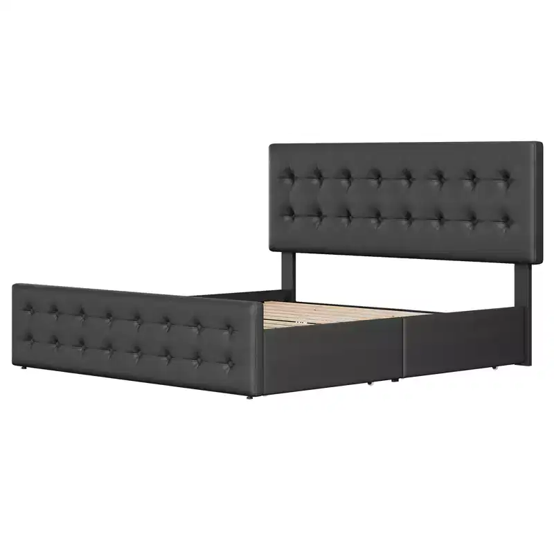 King Size Upholstered Platform Bed Frame with 4 Storage Drawers - Adjustable Button Tufted Headboard - Sturdy Wooden Slats, Black