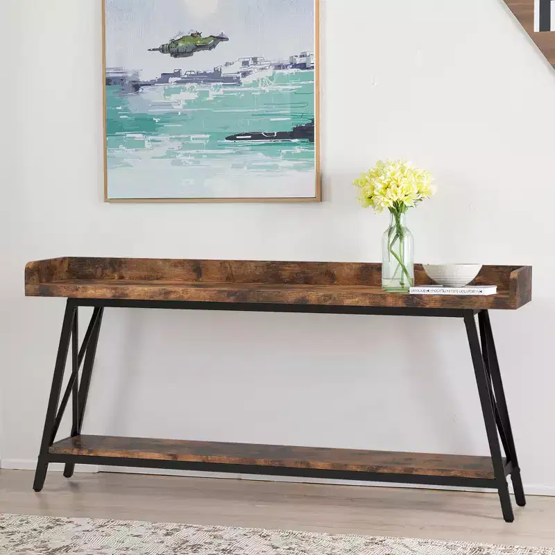 70.9 Inch Narrow Rustic Sofa Table Sturdy Metal Frame Home Decor