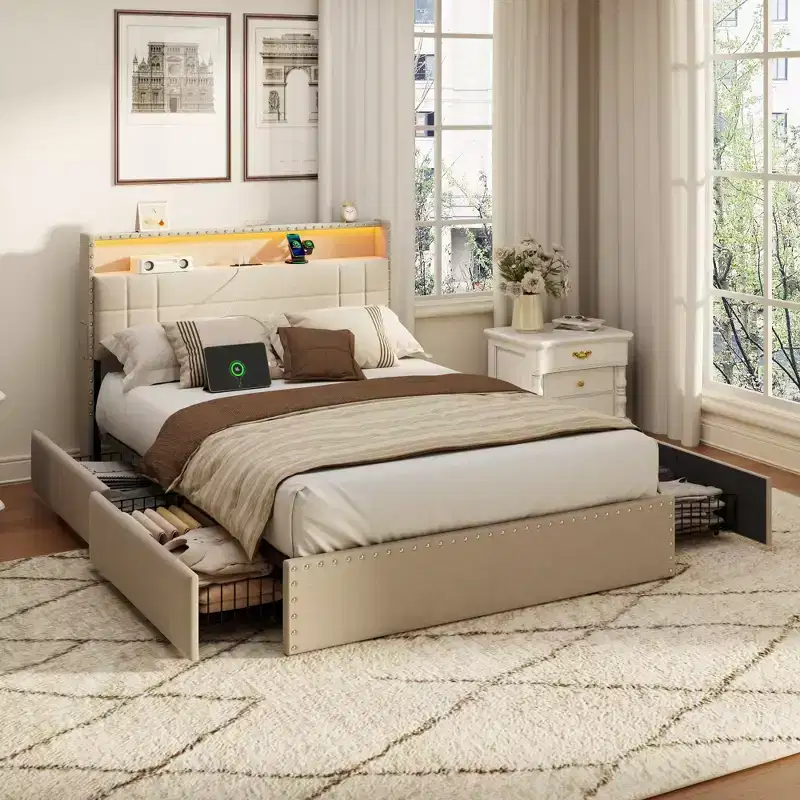 Modern Full Bed Frame with Charging Station 4 Storage Drawers LED Lights Beige Upholstered Platform Headboard Metal Slats No Box Spring USB
