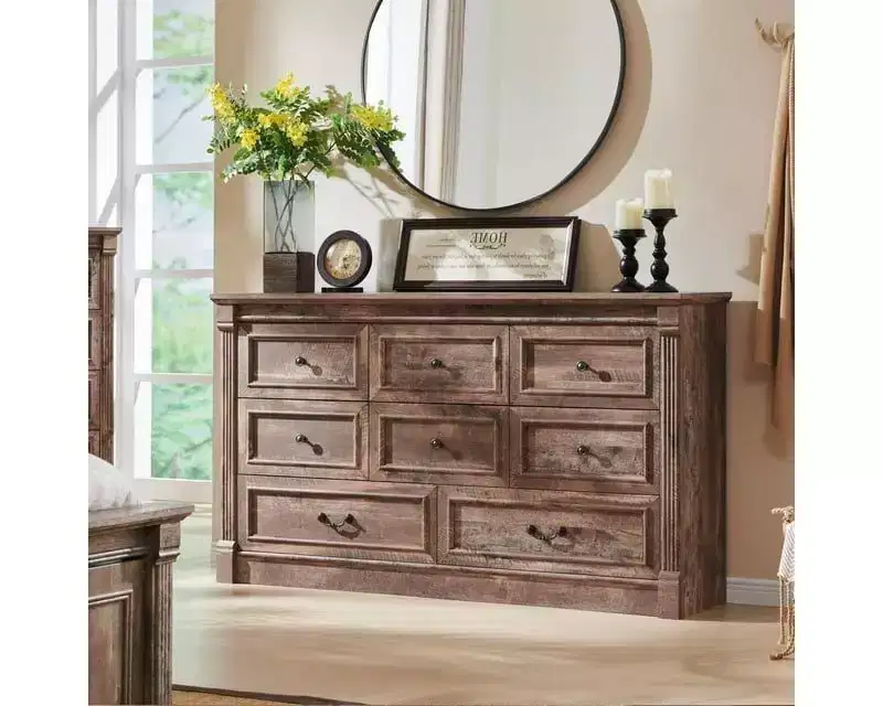Farmhouse Dresser with 8 Drawers & Roman Column Legs, Rustic Wood Bedroom Storage