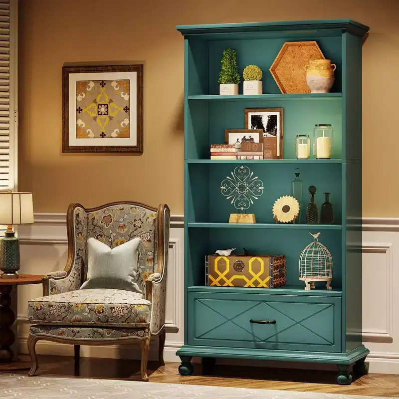 LITTLE TREE 70.87" 6 Shelf Bookcase with Drawer and Solid Wood Legs Ocean Blue