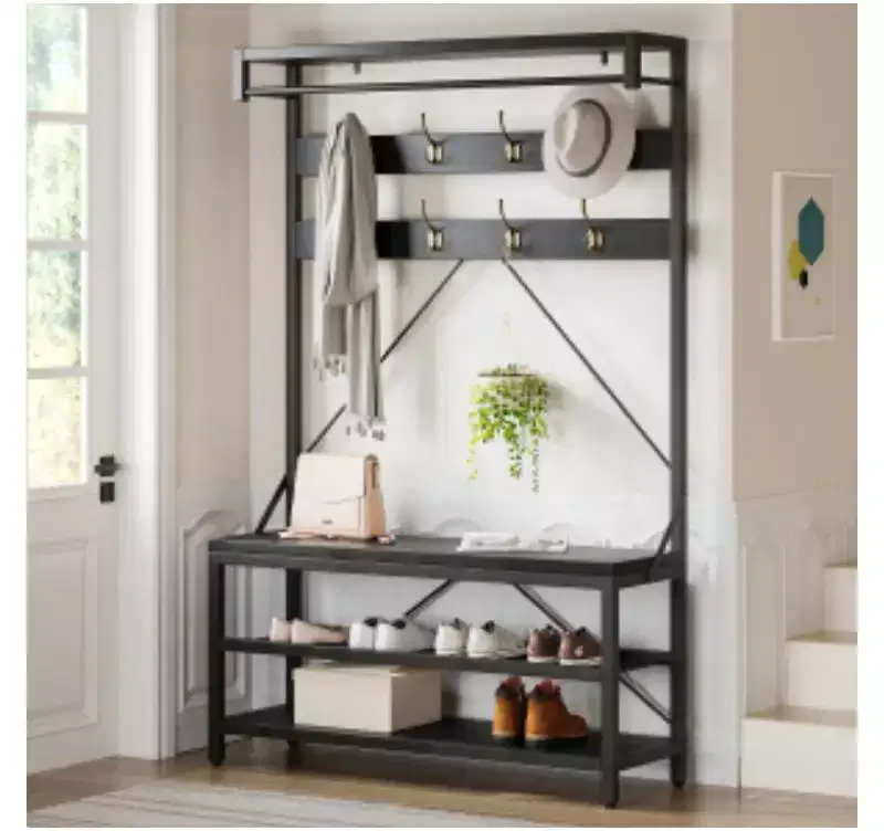 100CM Hall Tree with Shoe Bench, Metal + Particle Board,