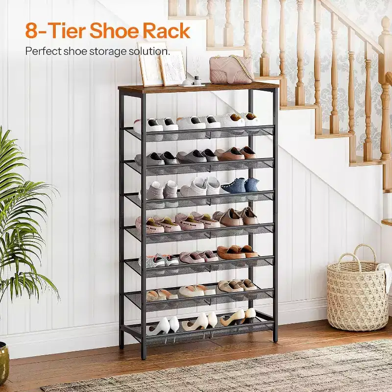 8-Tier Shoe Rack – Holds 21–24 Pairs, Space-Saving Rustic Brown & Black